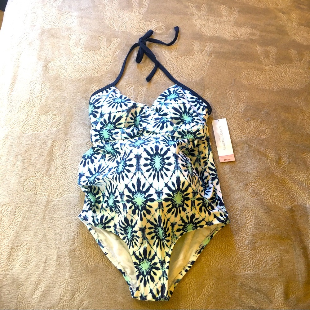 NWT Liz Lange Maternity one piece printed swimsuit navy voyage